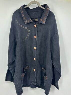 Two Star Dog Hemp Blue Button Up Hand Painted Jacket Womens Large USA Made